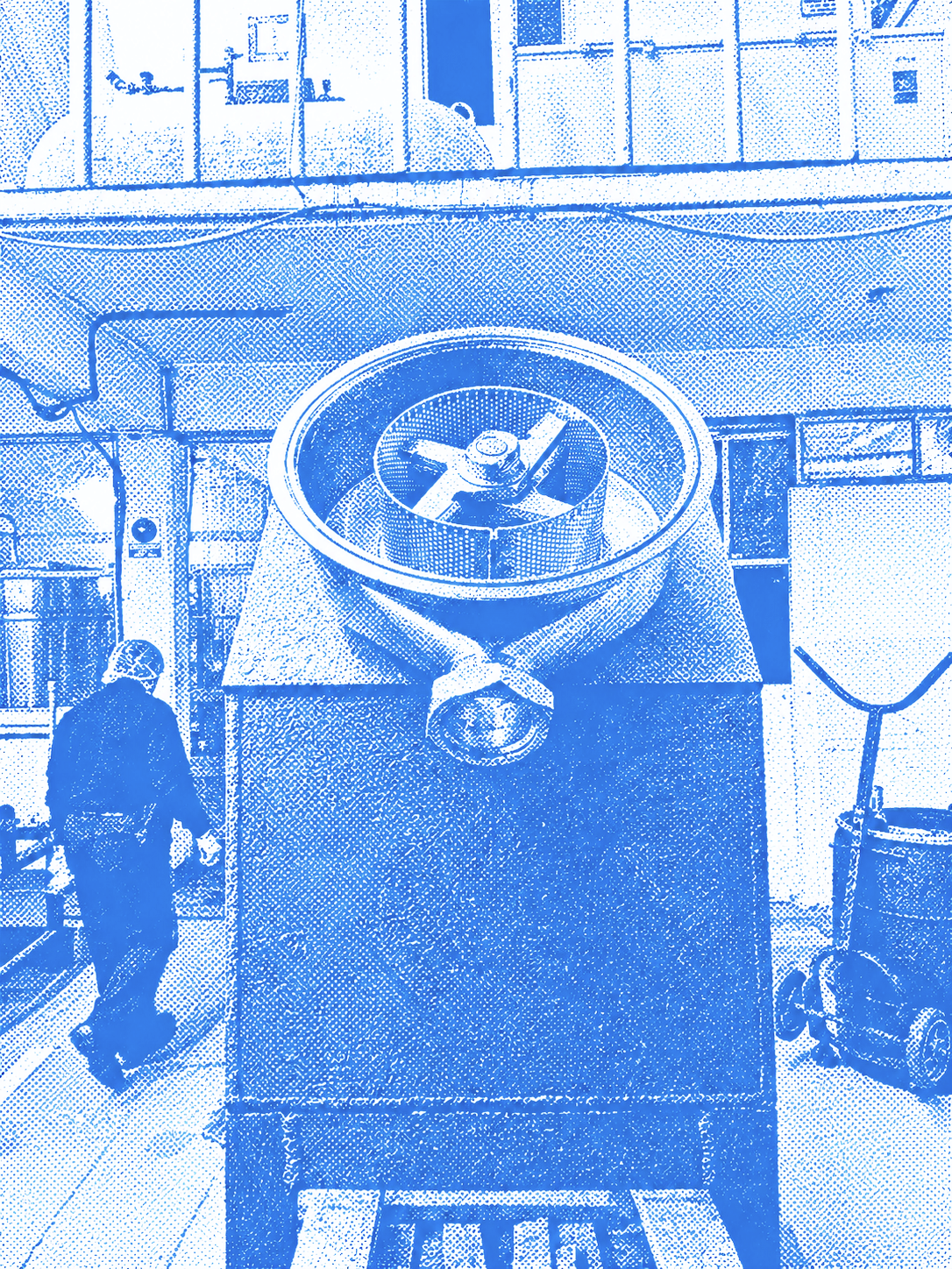 Stylized blue duotone portrait of a person facing the camera with arms crossed